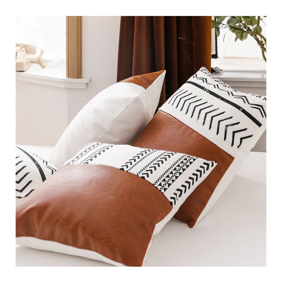 Customized artificial leather line pattern cushion cover, 100% cotton multifunctional square cushion cover/