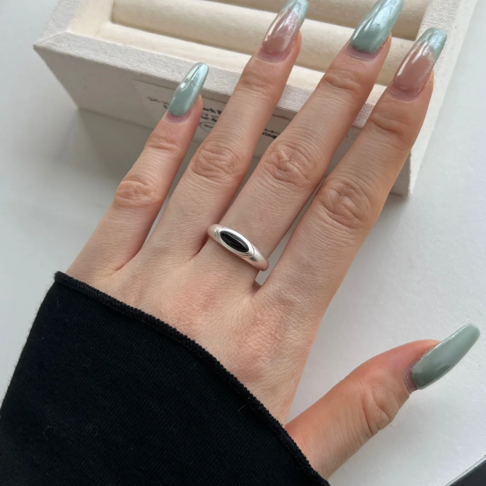 Dylam Simple Design Fashion Fine Women S925 Silver Rhodium Plated Open Adjustable Jewelry Black Onyx White Shell Stone Rings