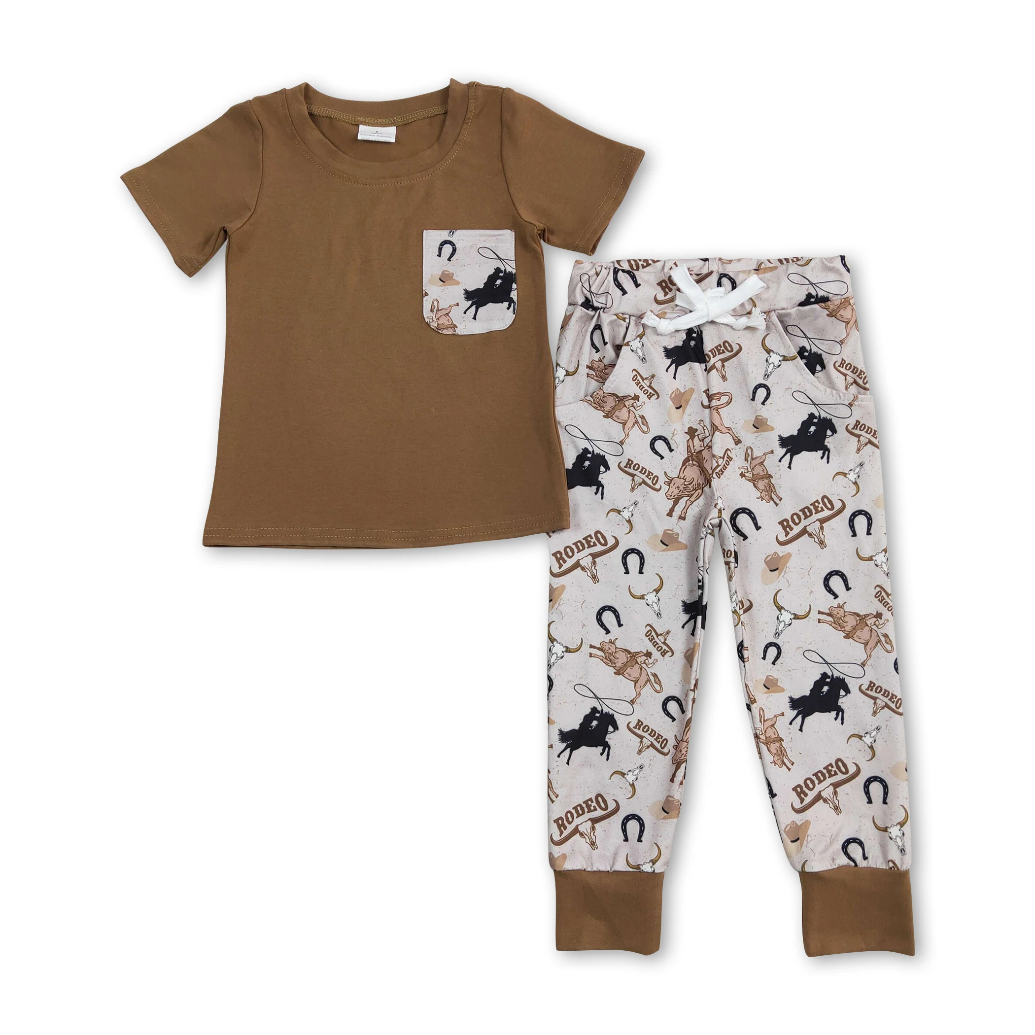 Milk silk set rodeo riding bull head pocket brown short sleeve pant suit children boy clothing