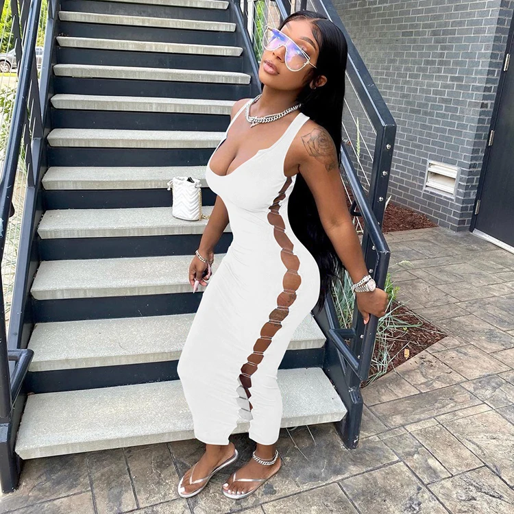 Casual Pin Up Side Hollow Out Women Sleeveless U Neck Fashion Bodycon Ribbed Knitted Long Dress Stretchy Summer Club Dresses