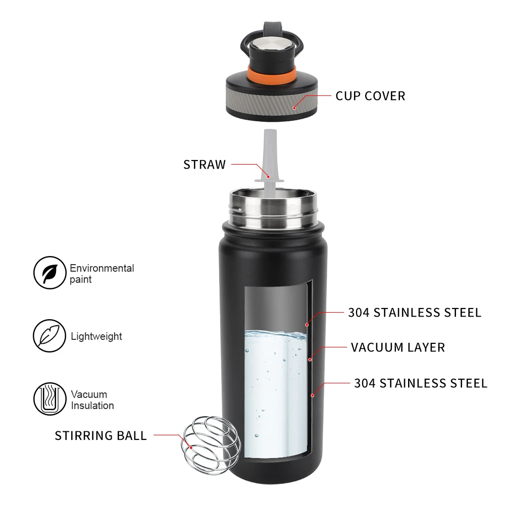 650ML Modern Leakproof Sport Double wall Stainless Steel Insulated Water Bottle with Straw For Cold & Hot Drinks