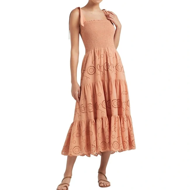 2023 Summer Blank Normal Frocks Custom Relaxed Fit 100% Cotton Tie Strap Sleeveless Smocked Midi Dress