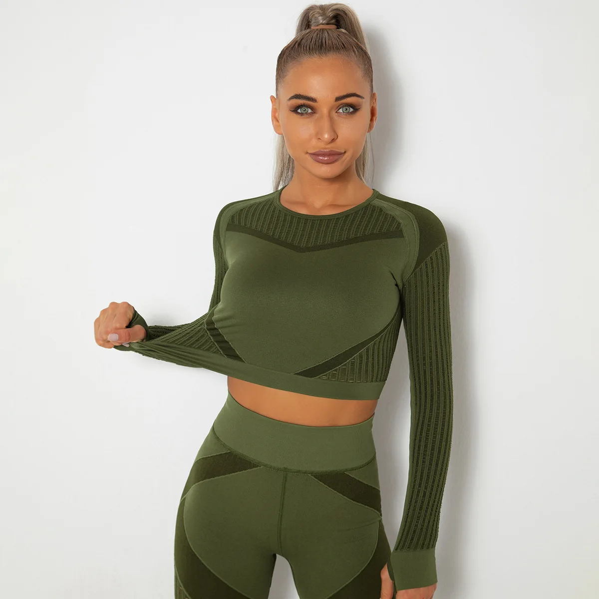 Two Piece  Women High Waist Tight Sport Wear Yoga Set Suit Activewear Yoga Set long Sleeve Crop Tops  with thumb hole