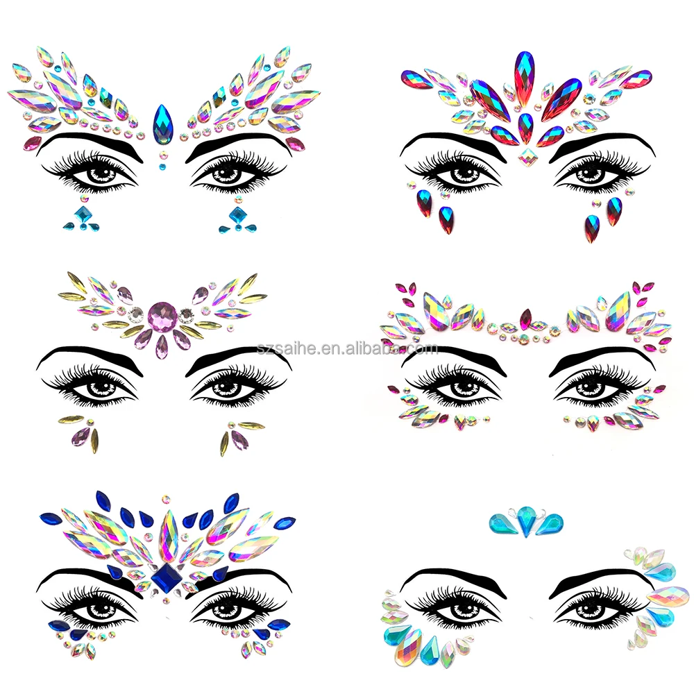 Wholesale Custom Glitter Unique Women Face Eye Body Rhinestones Crystal Eyebrow Stickers Tattoo Temporary For Festival Party
