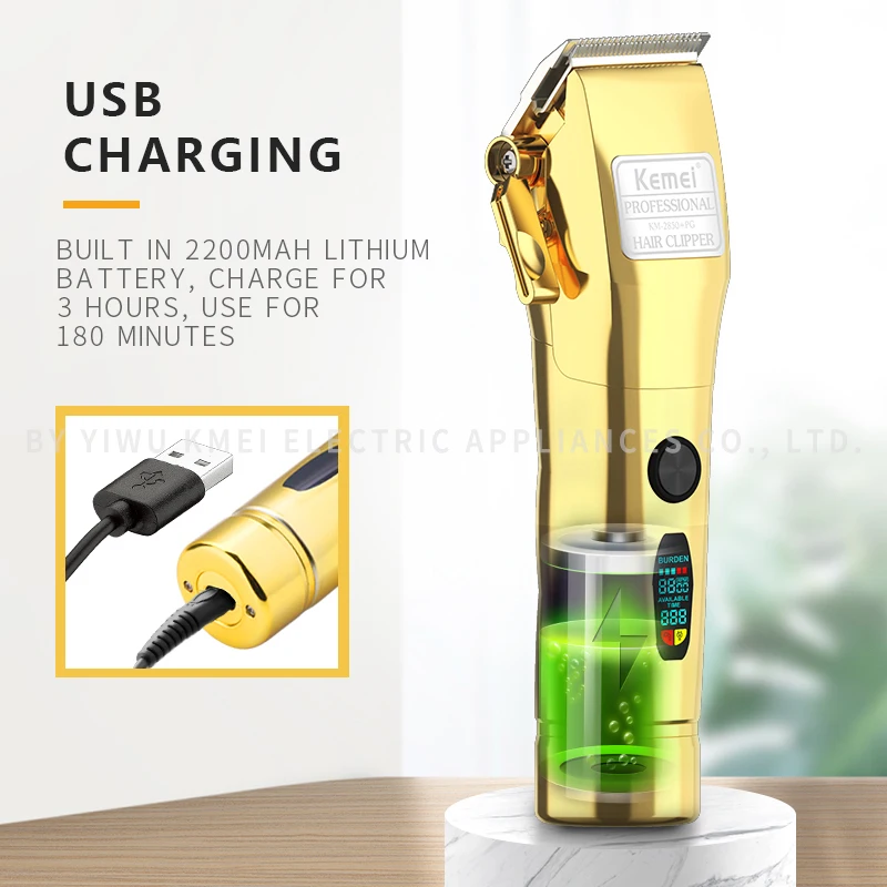 Kemei KM-2850+PG Professional Electric Hair Clipper LED Display Rechargeable Hair Trimmer USB Charging Men Hair Cutting Machine