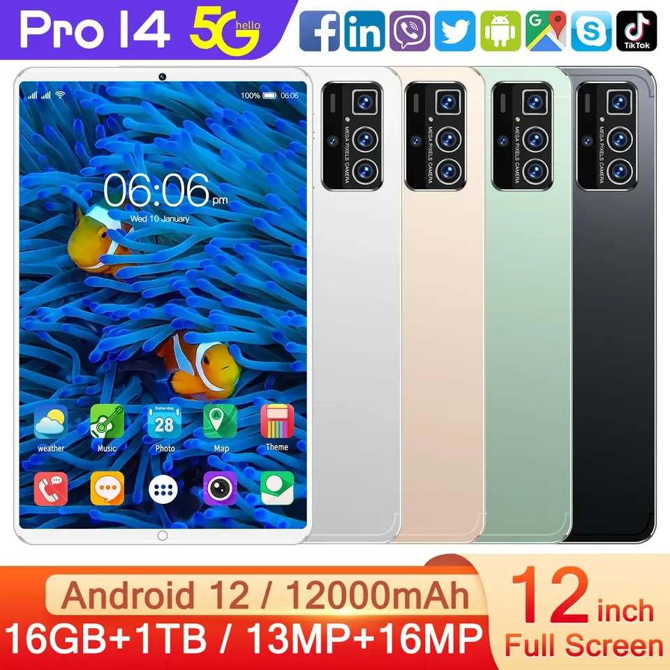 Pro 14 Tablet PC 12 Inch HD Screen 16GB RAM 1TB ROM 12000mAH Battery Android 12.0 X30 10 Core 2.5Ghz Android Tablet Netbook Pad