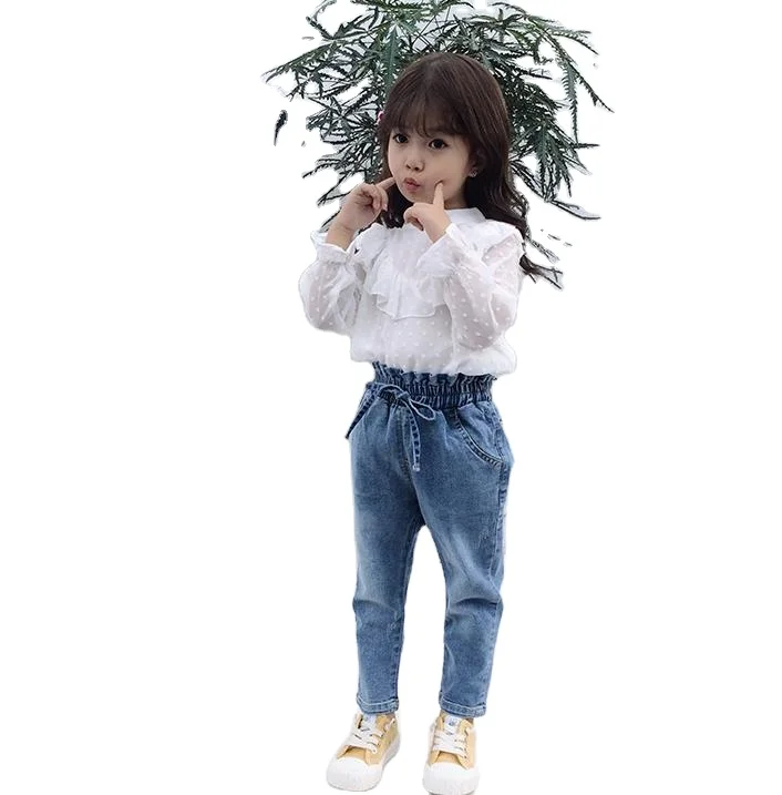 
2021 New Korean Style Children Girls Apparel+Stock Bud High-waisted Denim Jeans Pants 