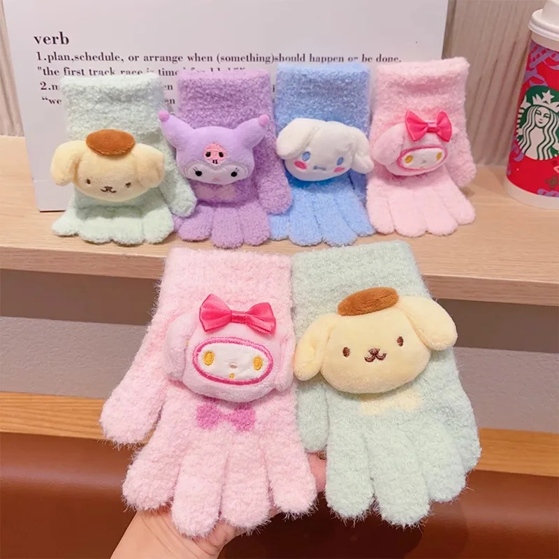 Botu kawaii Sanrioed cinnamon Children Gloves Cute Kulomi Melody  Children Thicken Warm winter Glove Student Five-finger Glove