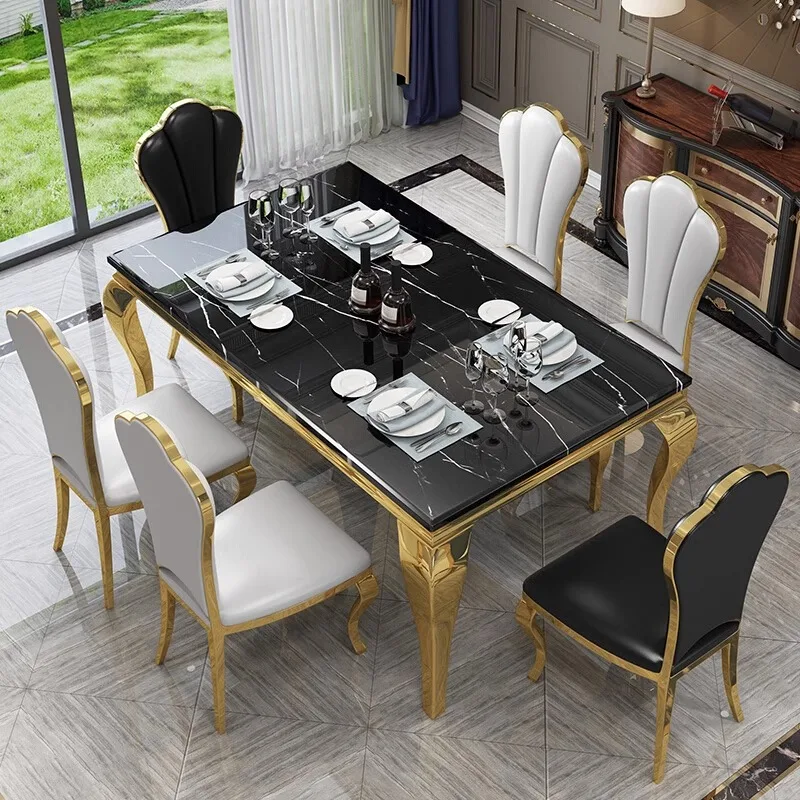 Home Kitchen Dining Room Hotel Cafe Restaurant Rectangle Stainless Steel Leg Marble Stone Top 4 Dinning Table And Chairs Set