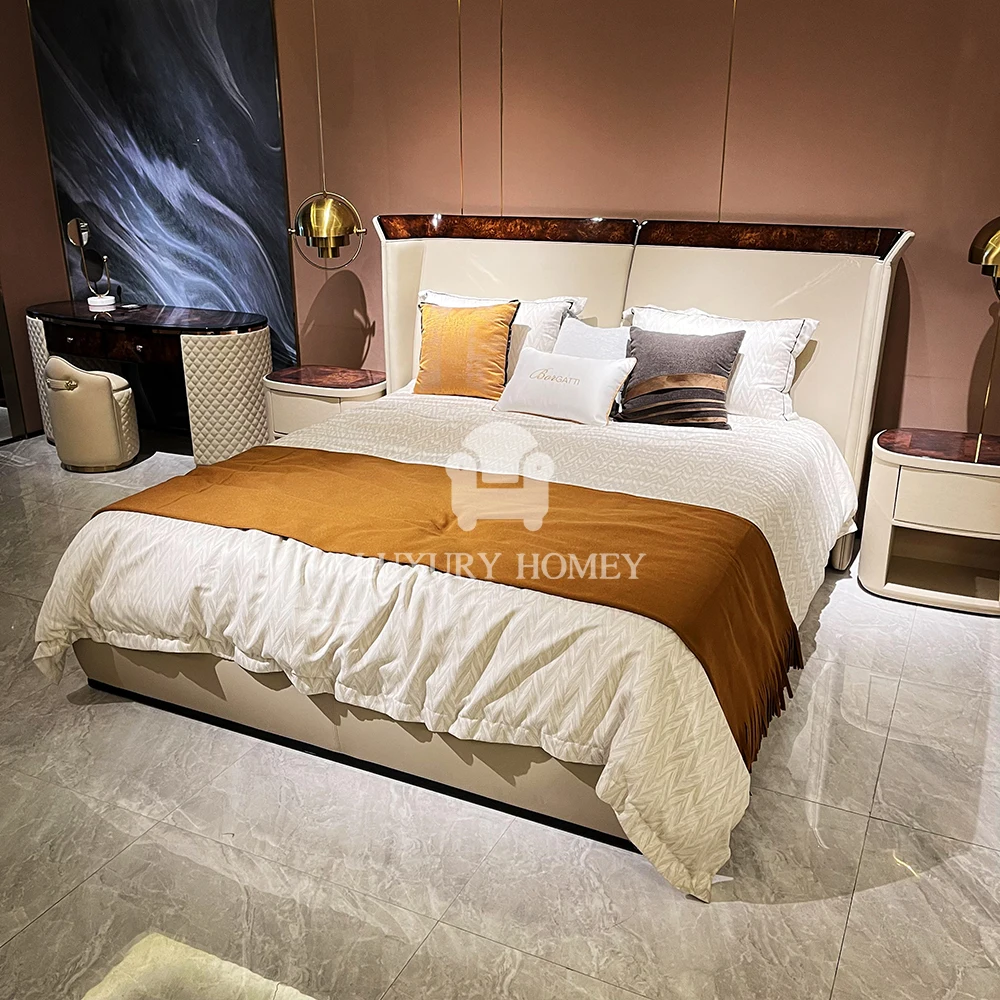 Italian High-end luxury designer fashion natural wood veneer queen size bedroom furniture set luxury bedroom sets