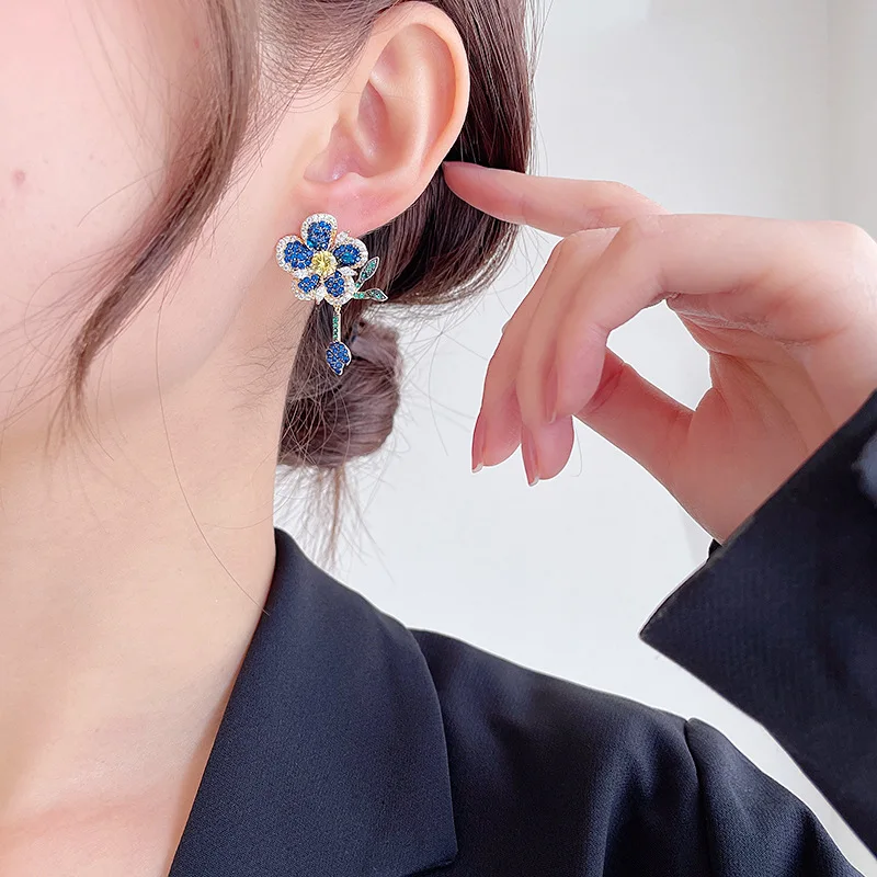 Heavy industry micro-inlaid colorful zircon earrings smart leaf earrings 925 silver needle three-dimensional flower earrings