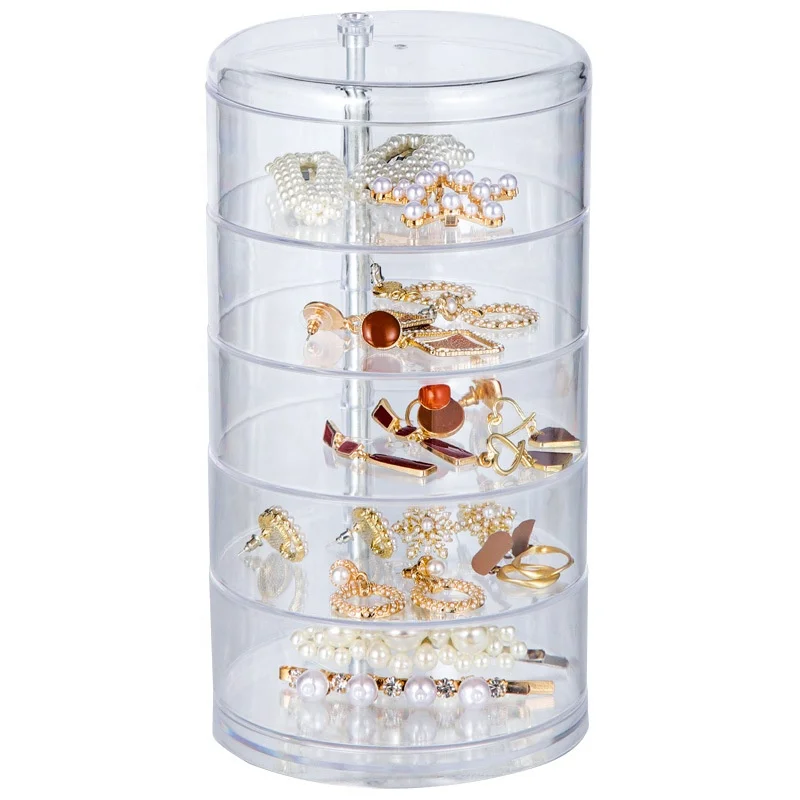 5 Layers Dustproof Clear Storage Box Plastic Desktop Acrylic Rotating Jewelry Organizer
