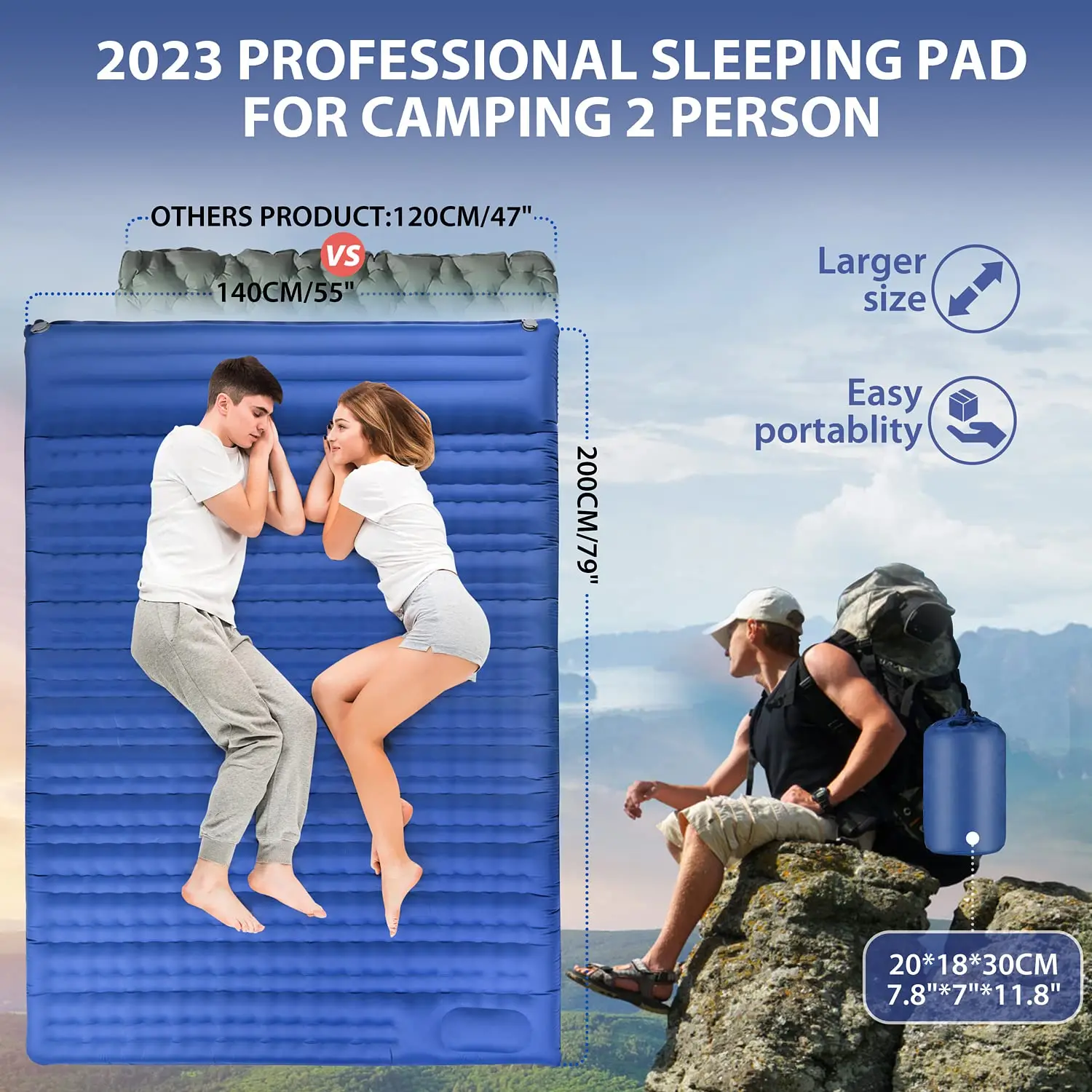 Double Sleeping Pad Camping Self Inflating Camping Pad with Pillow Outdoor Sleeping Mat Camping Mattress for Backpacking Hiking
