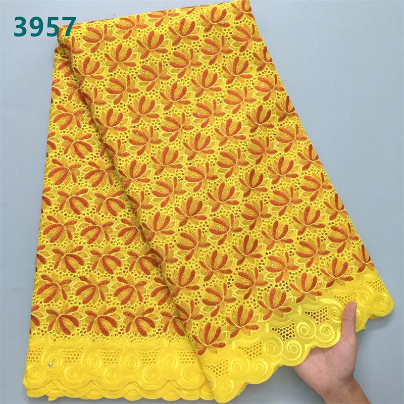 White and Gold African Embroidery Lace Fabric with Rhinestones Wholesale Swiss Voile Cotton Lace for Women Wedding Dresses 3957