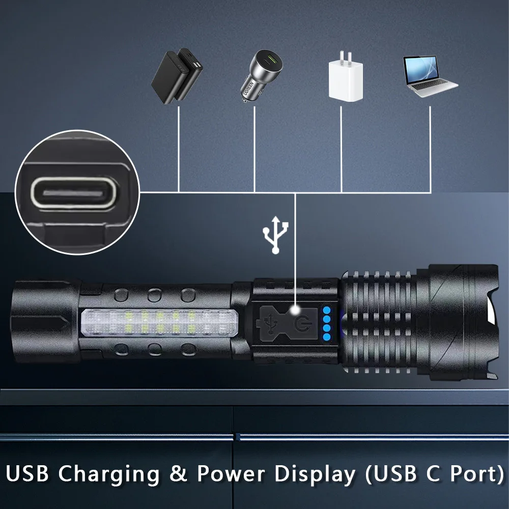 High Power Flashlight LED Zoom Focus Power Display Handheld Torch Type C Rechargeable Flash Light for Camping