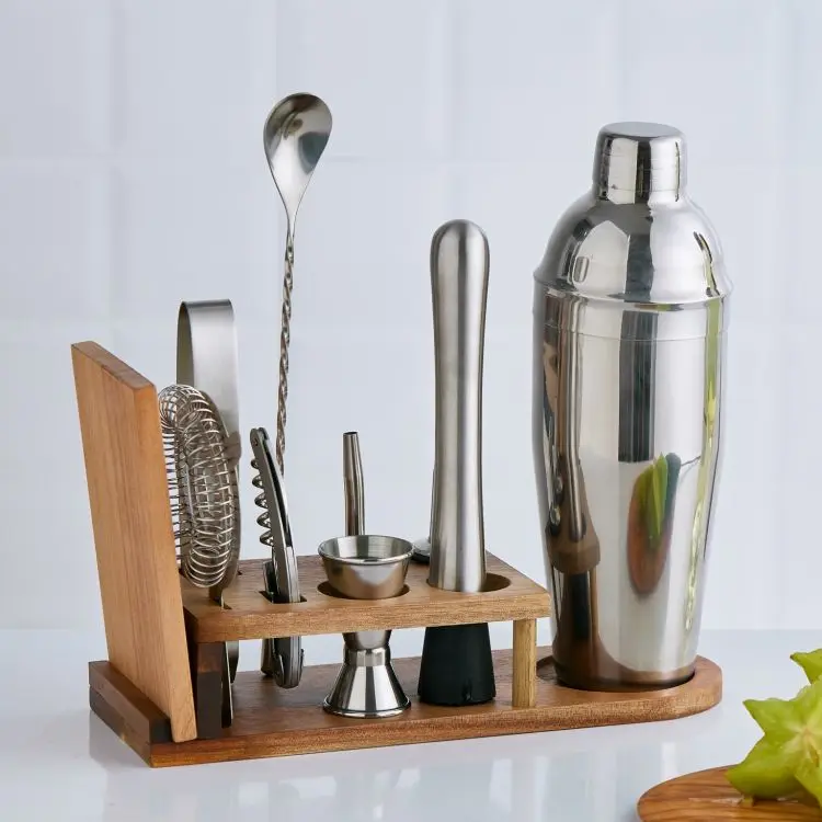 Good Price Bartender Kit Bar Cocktail Shaker Mixer Set with Stand Spoon Muddler Strainer Tong Pourer Jigger Corkscrew Board