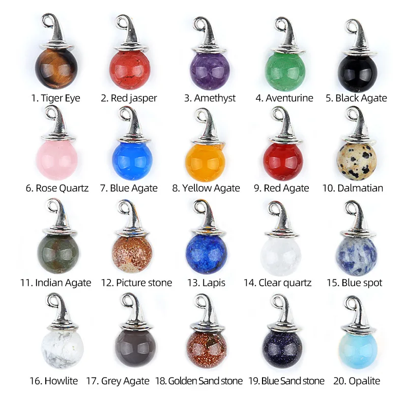 Bestone Crystal Suppliers Natural Stone Crystal DIY Ornaments 12mm One-Hole Ball Bead with Witch Hat for Halloween and Christmas