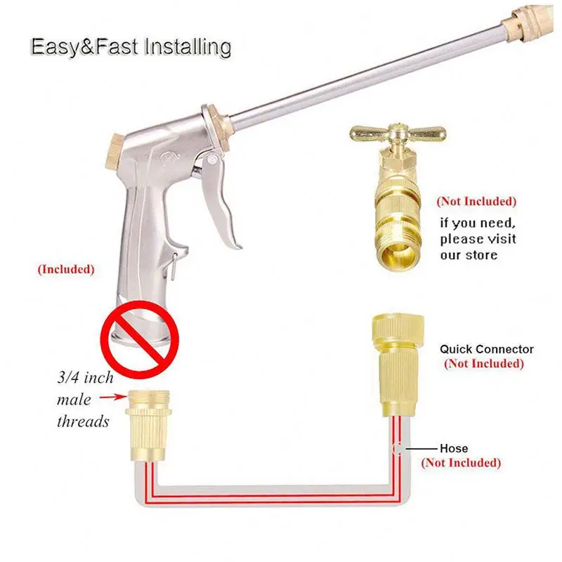 Metal Water Gun High Pressure Hand Spray Gun with Brass Connector Adjustable Pattern for Garden, Car Washing