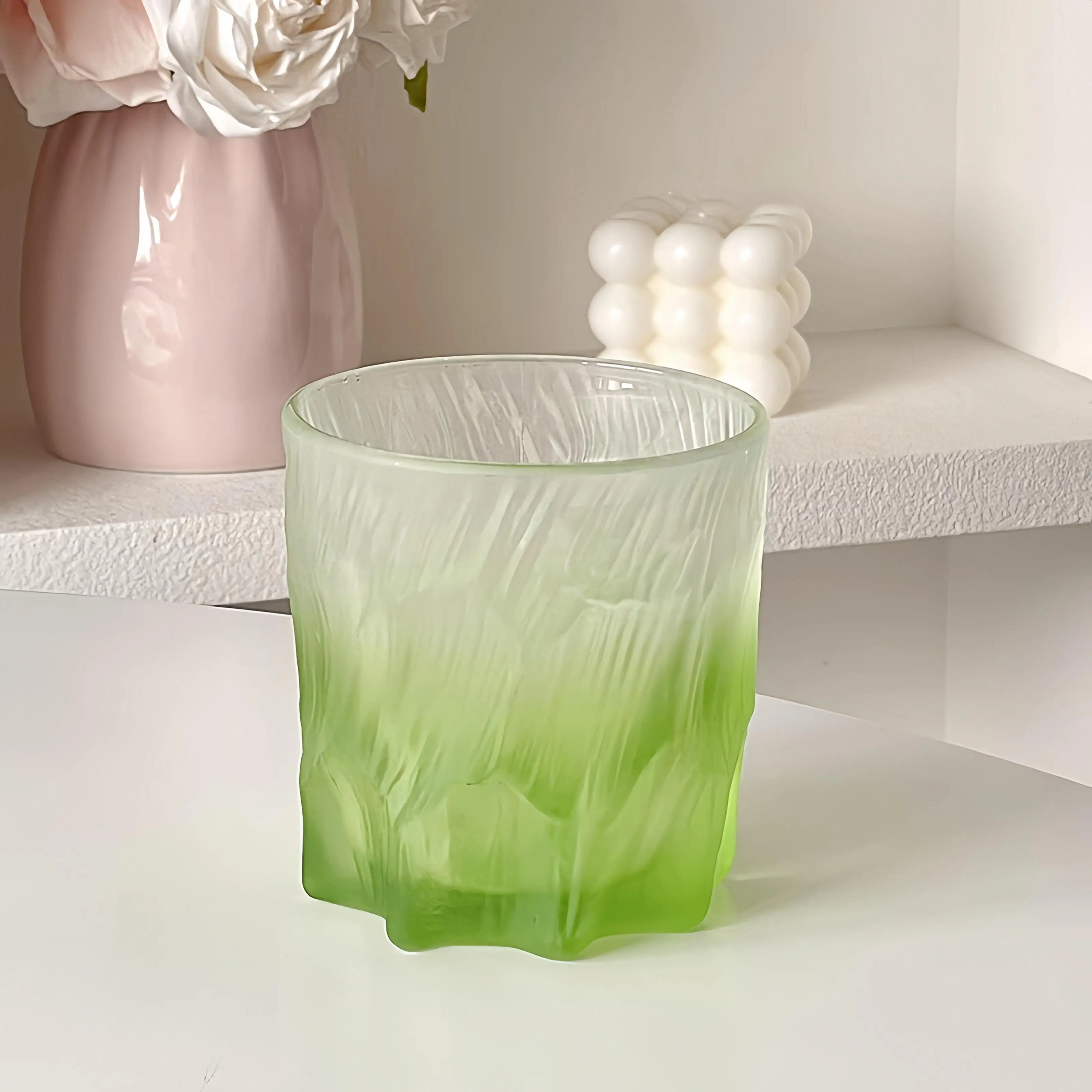 2024 Retro Pink Glass Water Cup Creative Pink Green Wine Beer Juice Milk Frosted Glass Cup
