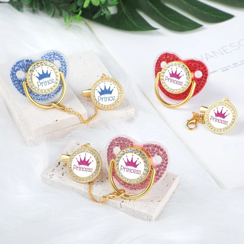 Sparkling Crown Pacifier Chain Set Baby Bath Gift Silicone Newborn BPA Free Preschool Toy Soothing Pacifier for Toddler