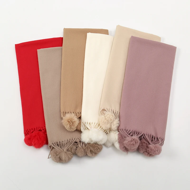 Winter Products 2023 Solid Color Shawl With Fur Ball Casual Warm Pashmina Scarf Women Cashmere Scarf