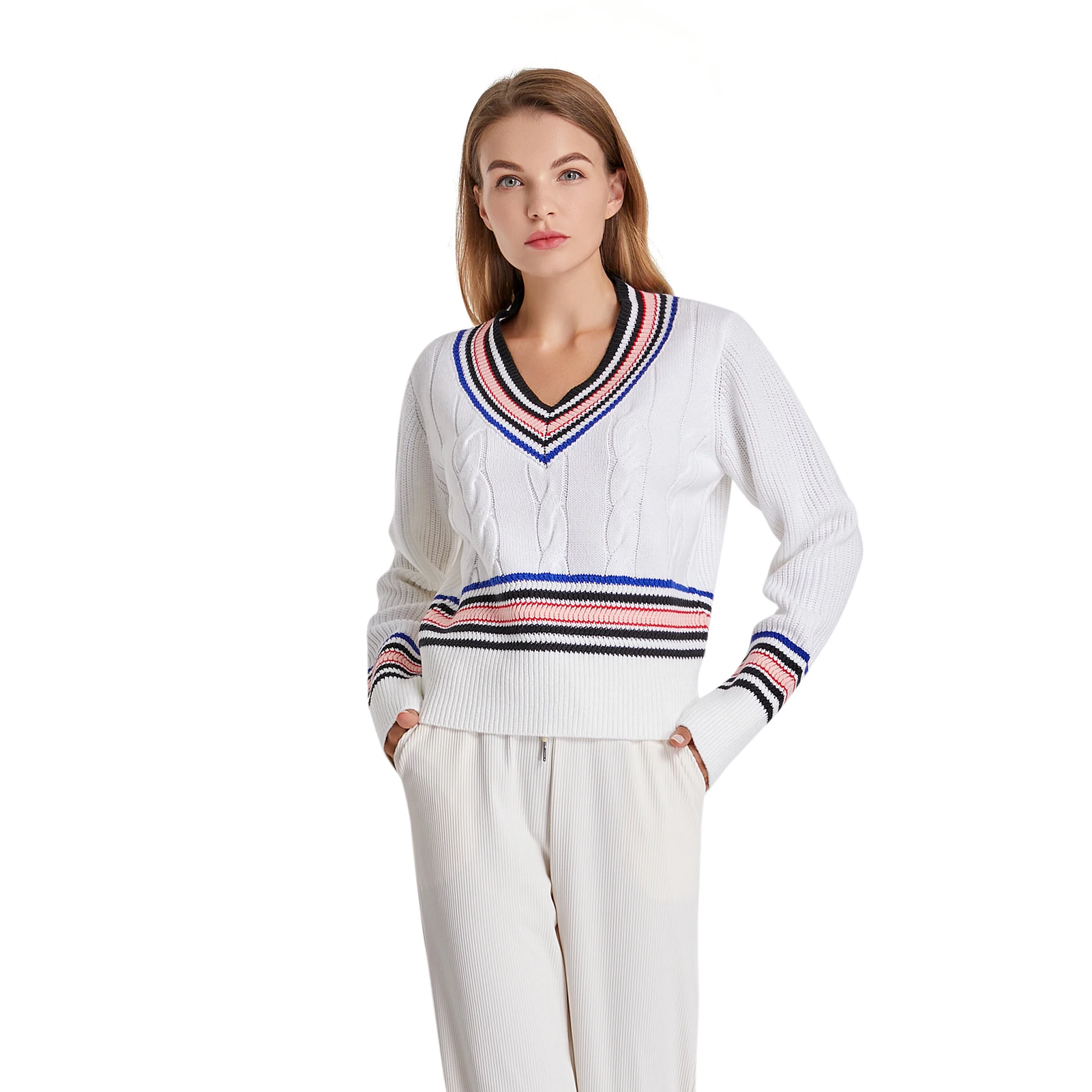 Женский вязаный свитер в консервативном стиле с v-образным вырезом и длинными рукавами в цветную полоску