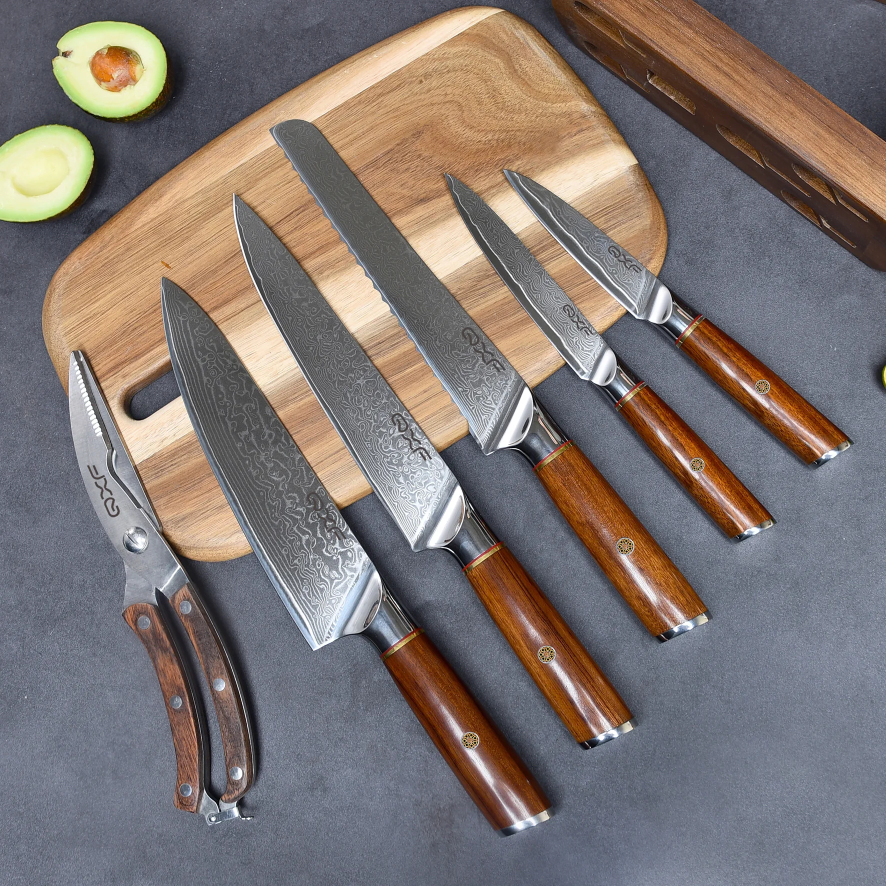 High End 7 PCS 67 Layer Damascus Steel Kitchen Knife Set Rosewood Handle Chef Inner Sharpener With Wooden Stand
