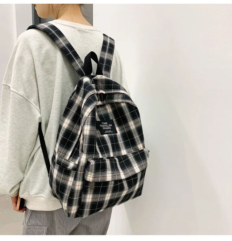 Fashion Wholesale Factory Plaid Pattern Travel Double Shoulder Bag Canvas Girls Daypack Students Teenager Casual School Backpack