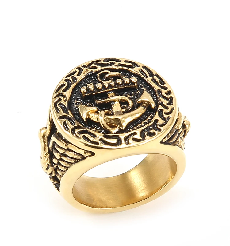 Wholesale Fashion High Quality Anti-Allergy Stainless Steel Hiphop Gold Plated Vintage Anchor Ring For Men