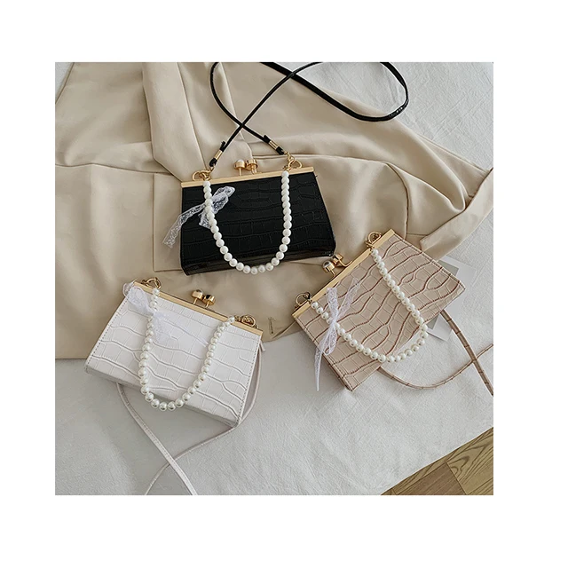 
Custom Pearl Clip Handle Chain Bag Leather Crossbody Handbag With Bow Knot Silk Shoulder Tote Bags / 