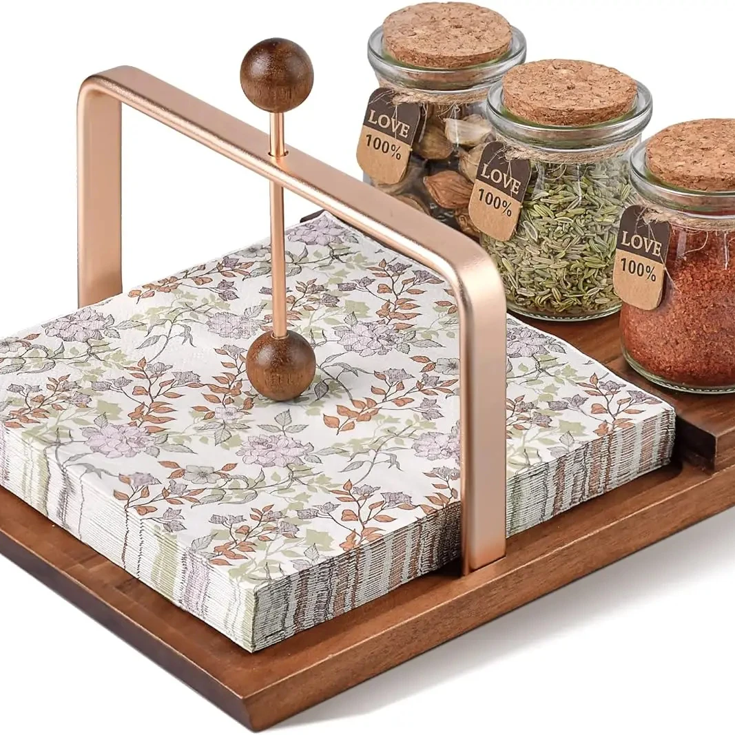 Wooden Napkin Holder for Table, 2-in-1 Rustic Napkin Holder for Paper Napkins, Farmhouse Napkin Holder with Salt and Pepper for