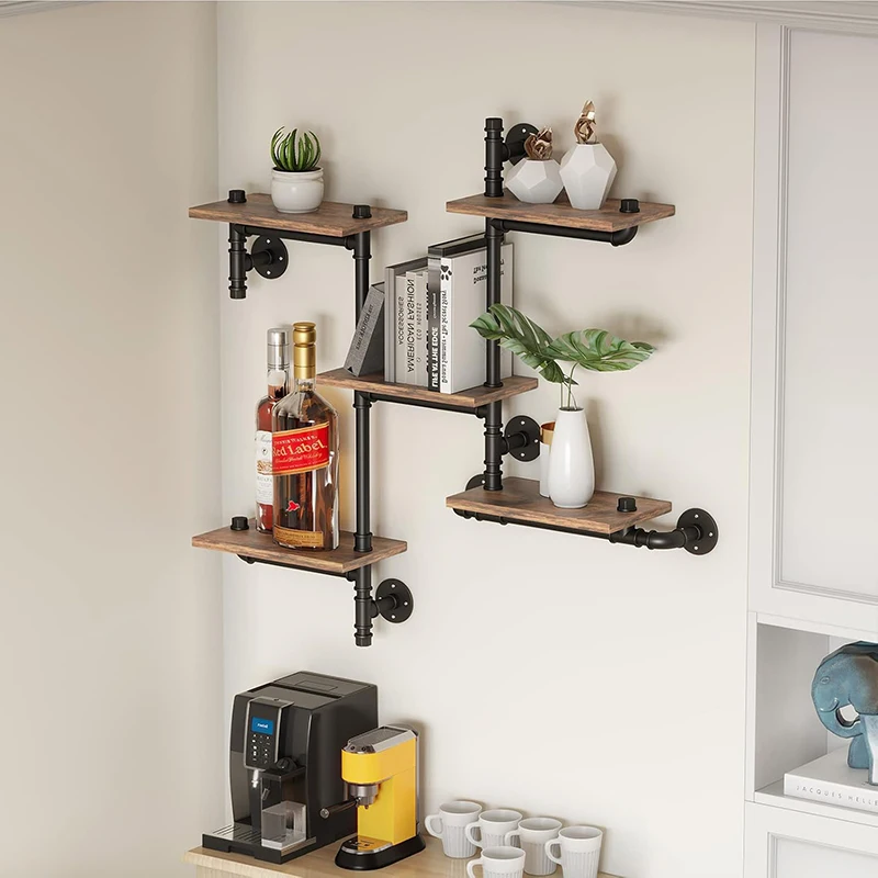 Industrial 5-Layer Ladder Hanging Bookshelf Rustic Modern Wood Shelving Bookcase Floating Pipe Wall Living Room Furniture