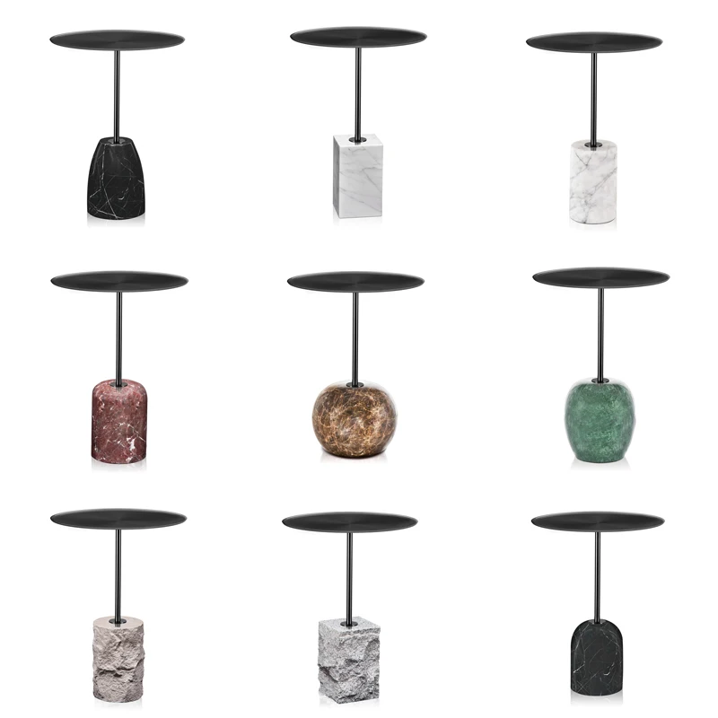 Entry lux titanium gold brass plated stainless steel french metal round circle top tray white caraca marble block side table