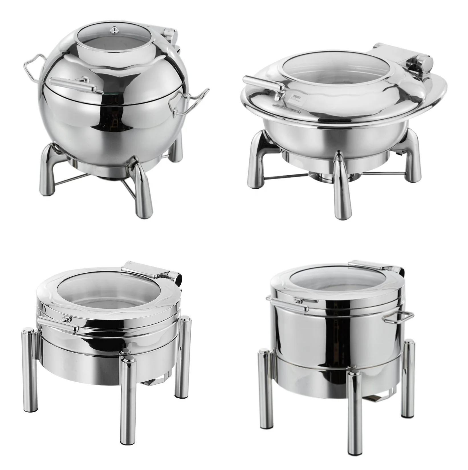 High Quality Stainless Steel Hydraulic Buffet Food Warmer Chafing Dish Glass Lid 11qt 11L Round Soup Chafer