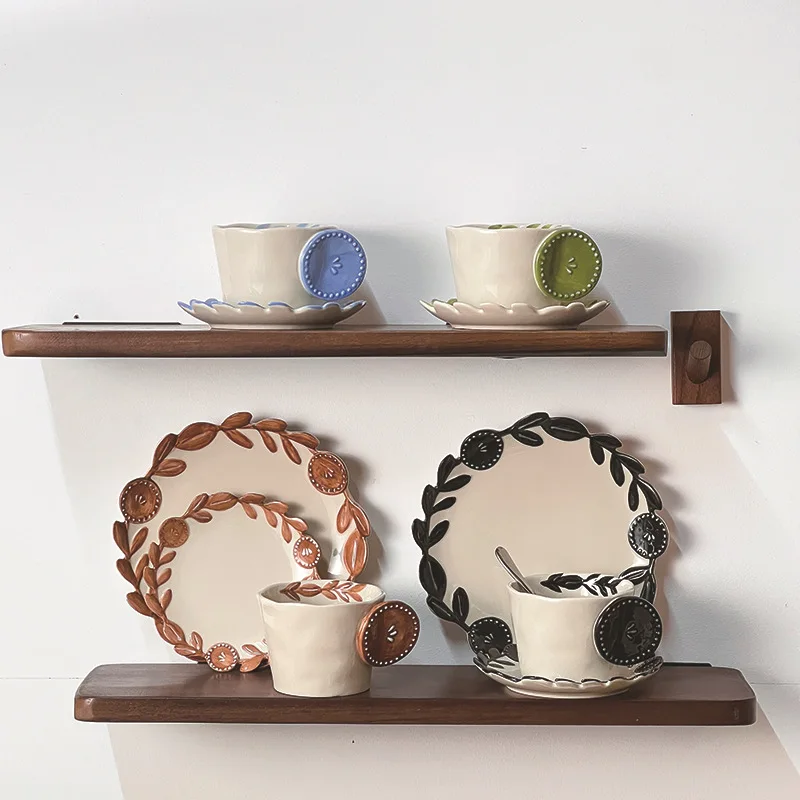 Lelyi Factory direct sales new design Japanese retro rattan leaf ceramic cup with saucer creative coffee cup set