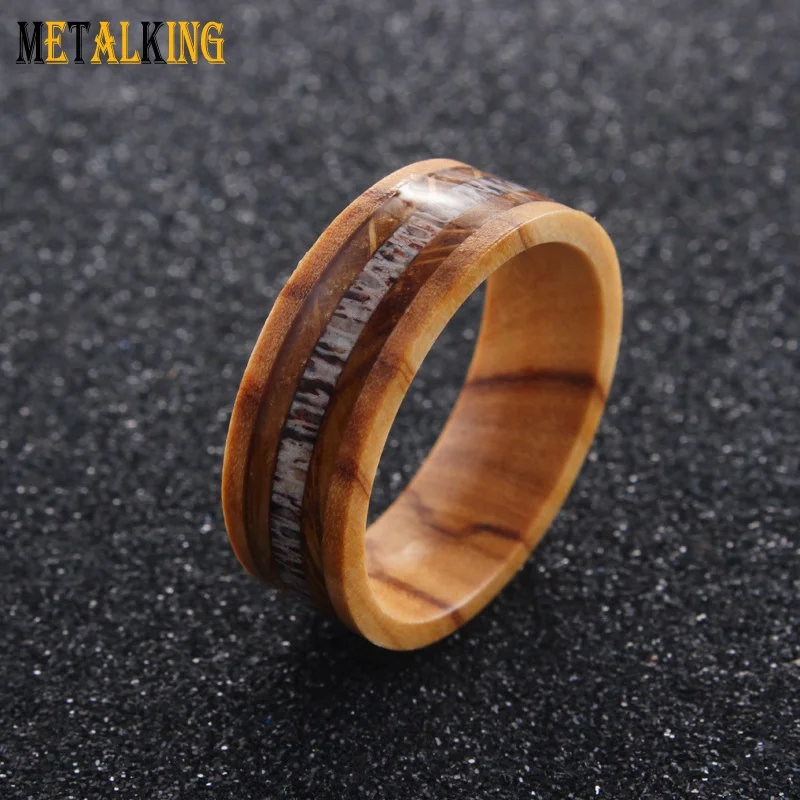Oliver wood ring with Nature Antler Whiskey Barrel Wood Inlay, Mens Wedding Ring,