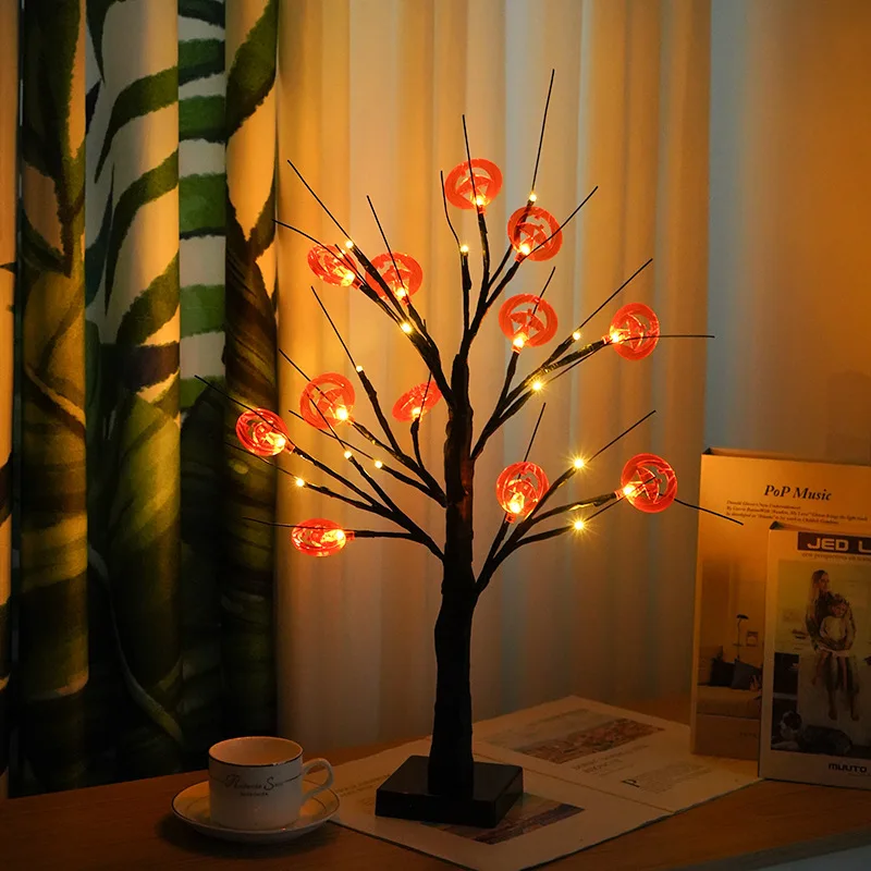 Halloween Pumpkin Bat Black Birch Home Decoration Simulation Small Tree Lamp Artificial Lighted Lighting Trees Led Light