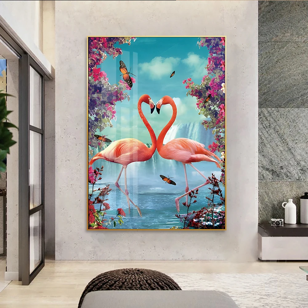 Serene Spring Scene Art Beautiful Flamingo Bird in Blossoming Garden Nature-Inspired Landscape Painting for Wall Hanging