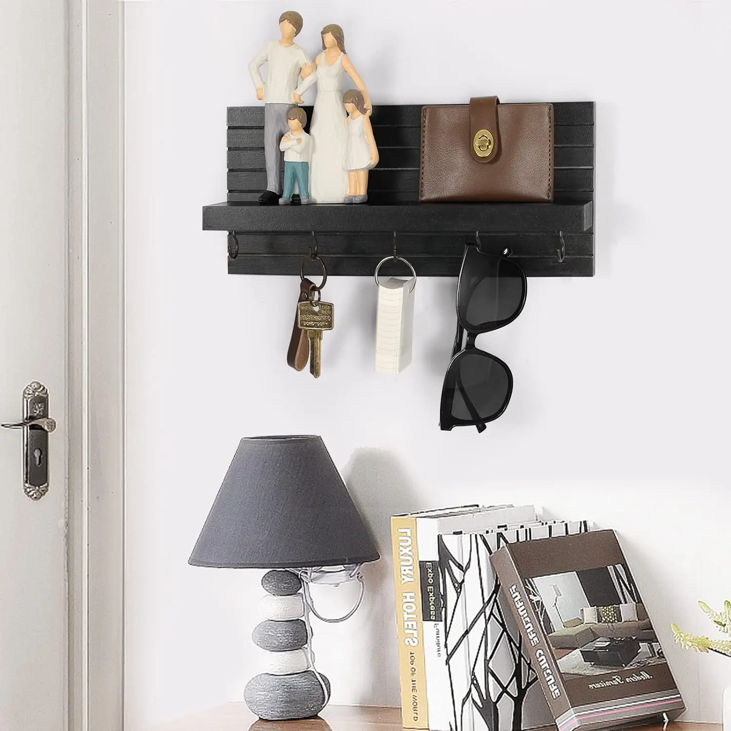 Home Decorative Black Wood Entryway Wall Hanger Shelf Rack Wooden Wall Key Holder with Hooks