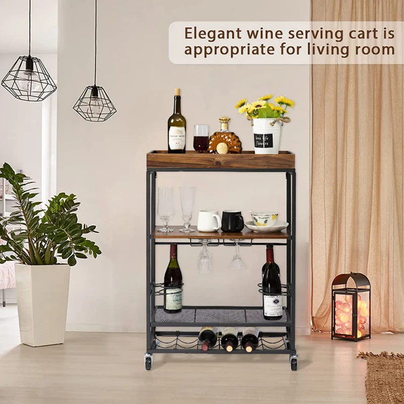 Bar Carts Mobile Wine Cart on Wheels with Wine Rack and Glass Holder 3 Tier Serving Cart Kitchen Outdoor Wood Metal