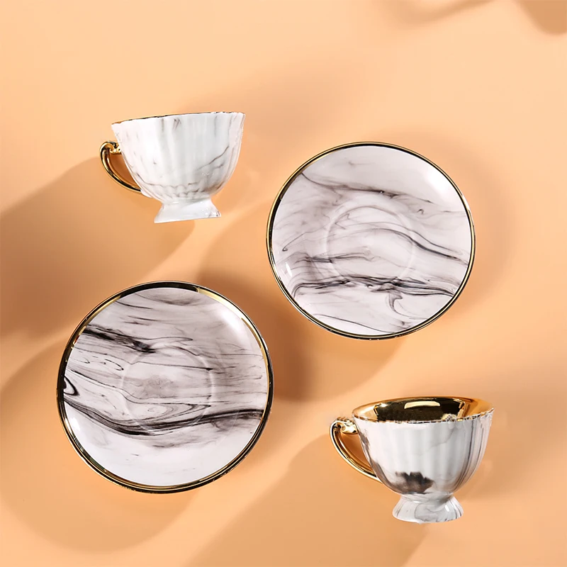 New Gold Rim Ceramic Cups Set of 6 Luxury Special Saucer Reusable Wholesale Supplier Marble Glazed Porcelain Turkish Coffee Cups