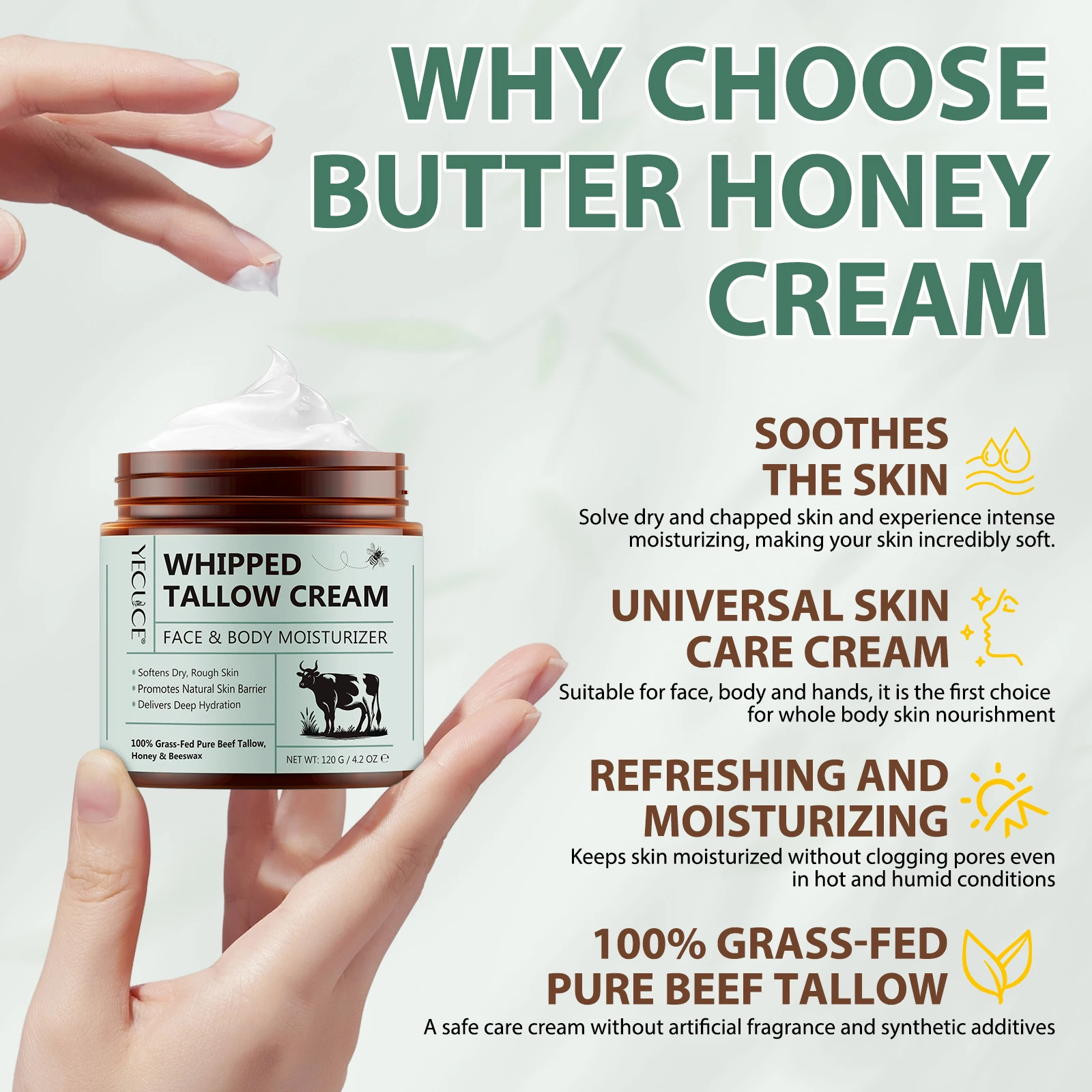 YECUCE Private Label Wholesale 100% Organic Beef Tallow Face Butter Body Lotion Unscented Whipped Tallow Cream for Skin Care