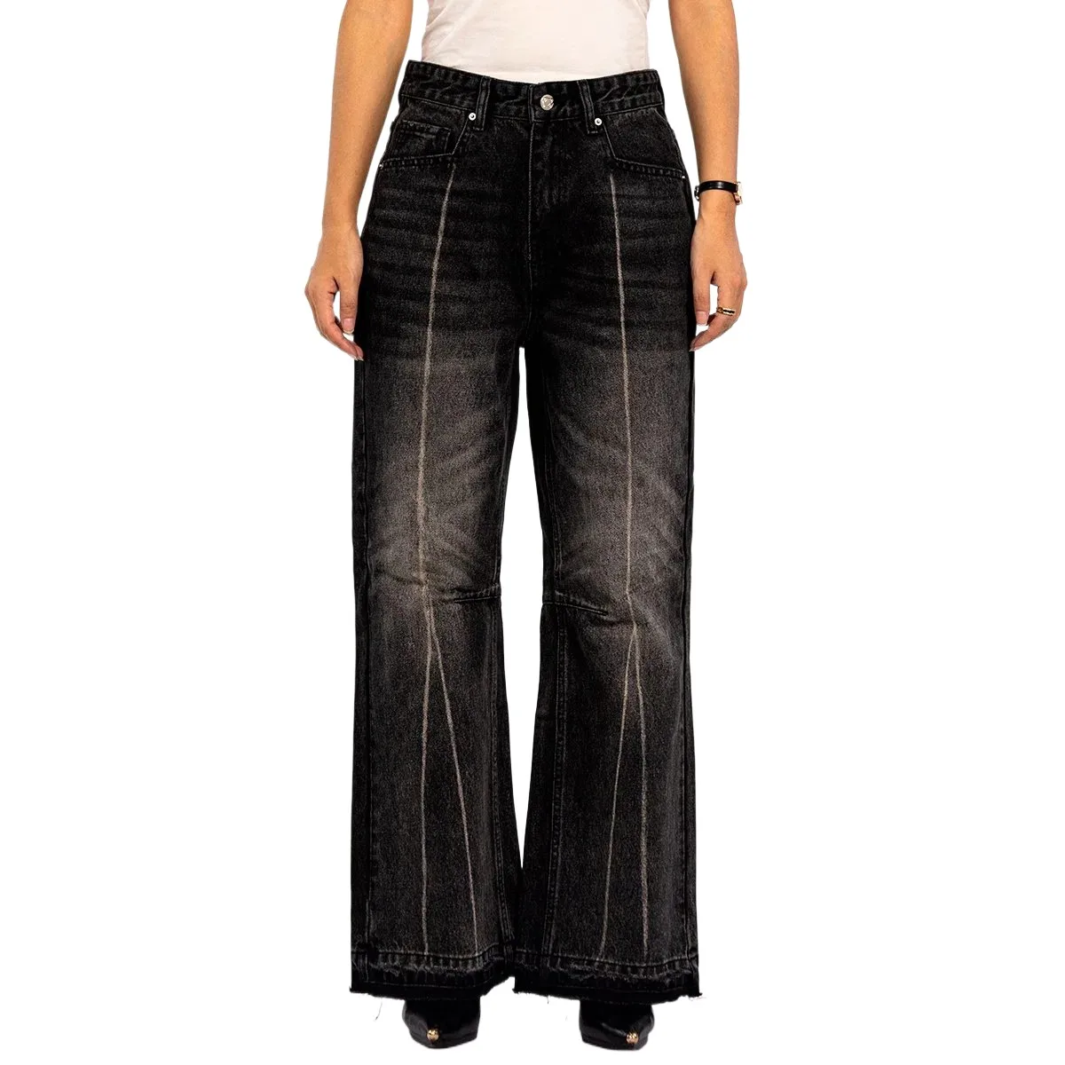 Black Shrivelled Textured High Waist Loose Vintage Wide Leg Jeans for Women