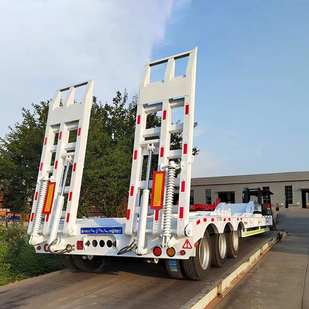 3 Axles 80t Lowbed Lowboy Low Flatbed Loader Drop Deck Trailer For Sale