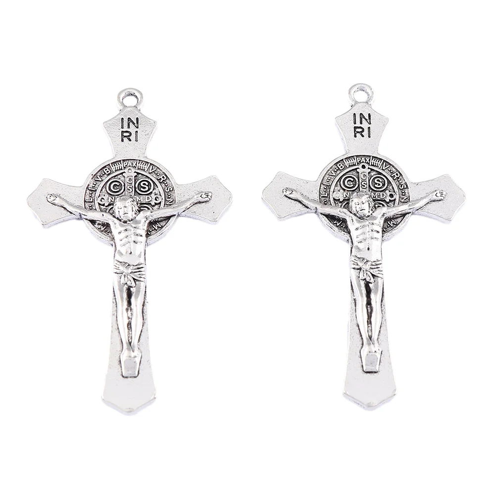 Antique Silver Saint Benedict Medal Jesus Christ Crucifix Cross Charms Pendants For Necklace DIY Jewelry Making 70x41mm