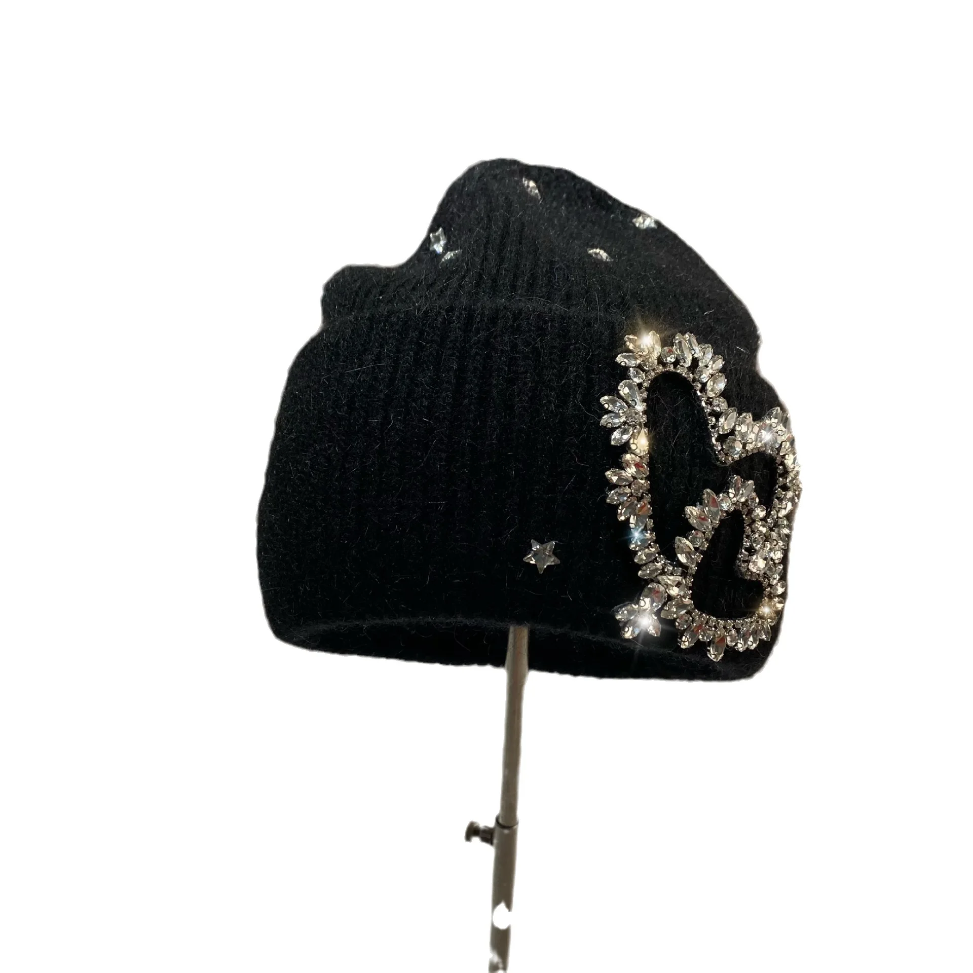 South Korea Heavy Industry Winter Outdoor Warm Ear Protection Beanies Sweet Wool Rhinestone Love Rabbit Hair Knitted Hat Cold