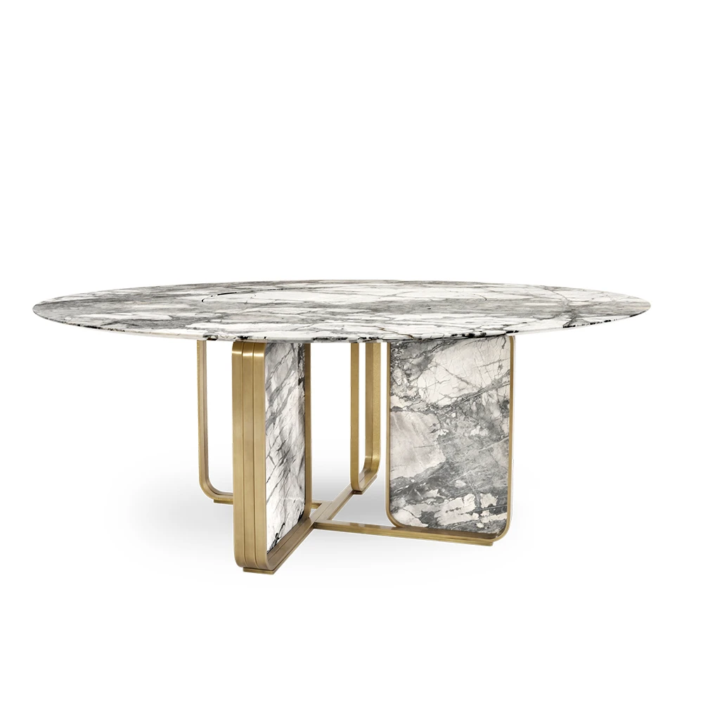 Elefante Dining Room Furniture Imported Bulgari Marble Embedded Turntable Marble Dining Table Modern Round Rotating Dining Table