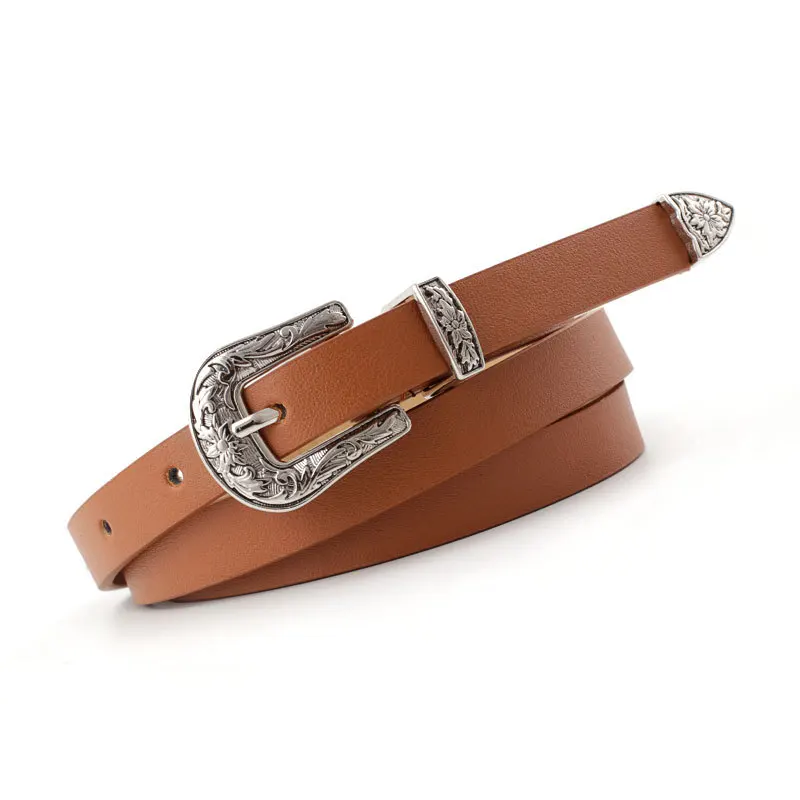 Amazon top  selling Fashion western Retro engraving belt Wholesale Women PU Leather Double Buckle Belt