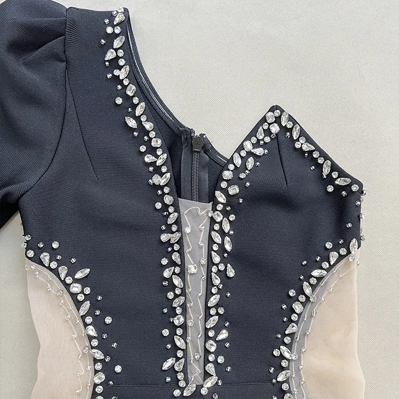 Ocstrade European And American Fashion Crystal Rhinestone Glittery One Sleeve Evening Cocktail Dress For Women Below The Knee