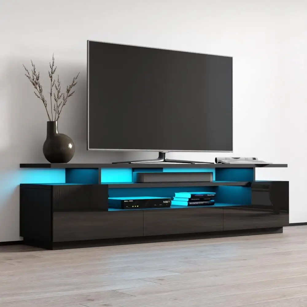 hot selling stylish modern TV cabinet stand noble style universal tv stands panel home furniture glossy black with LED lights